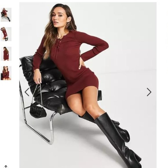 ASOS DESIGN Knitted Mini Dress with Lace Up Detail in Rust - Picture 1 of 7